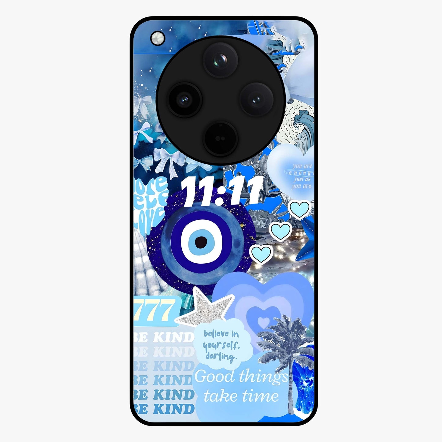 Aesthetic Be Kind Eye Glass Case showing flat back view with motivational eye artwork and glossy glass finish.