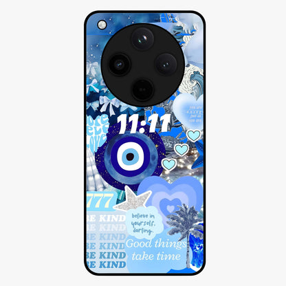 Aesthetic Be Kind Eye Glass Case showing flat back view with motivational eye artwork and glossy glass finish.