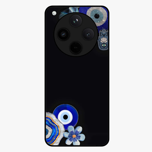Aesthetic Blue Evil Eye Glass Case showing flat back view with protective evil eye artwork and glossy glass finish.