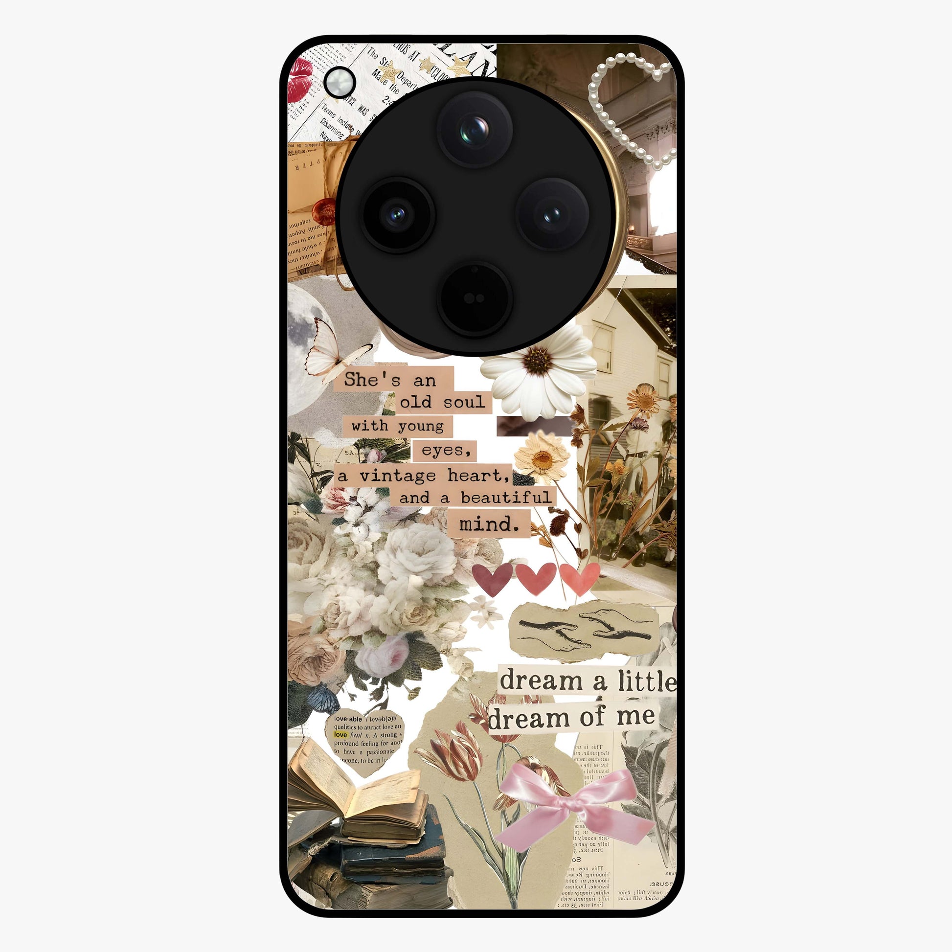 Aesthetic Brown Vintage Collage Glass Case showing flat back view with retro collage artwork and glossy glass finish.