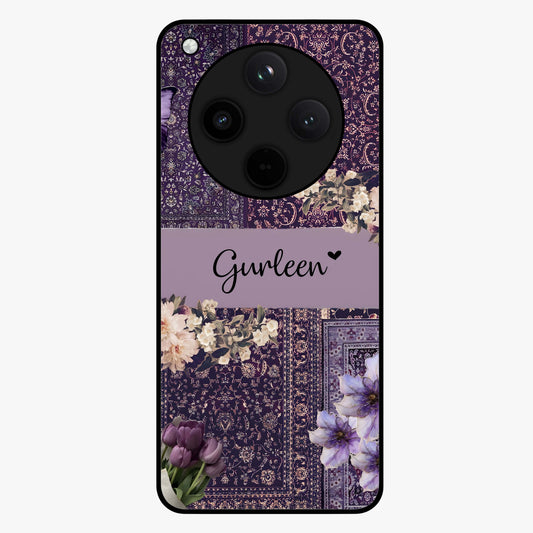 Antique Floral Whisper Custom Name Glass Case showing flat back view with vintage floral artwork and personalized name design.