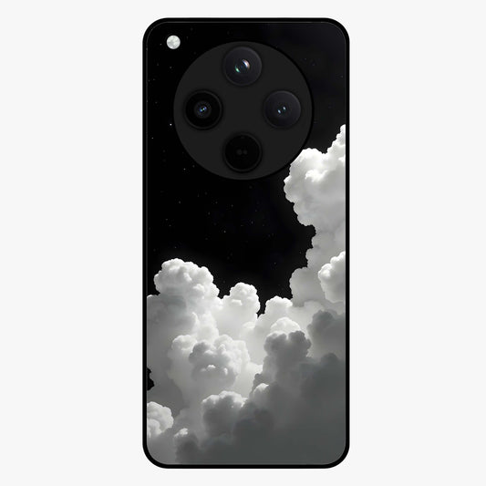 Black Background With White Cloud Glass Case showing flat back view with minimal cloud artwork on dark background and glossy glass finish.