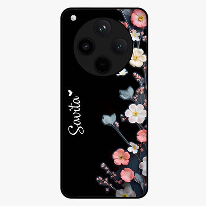 Black Elegance Floral Custom Name Glass Case showing flat back view with elegant floral artwork and personalized name design.