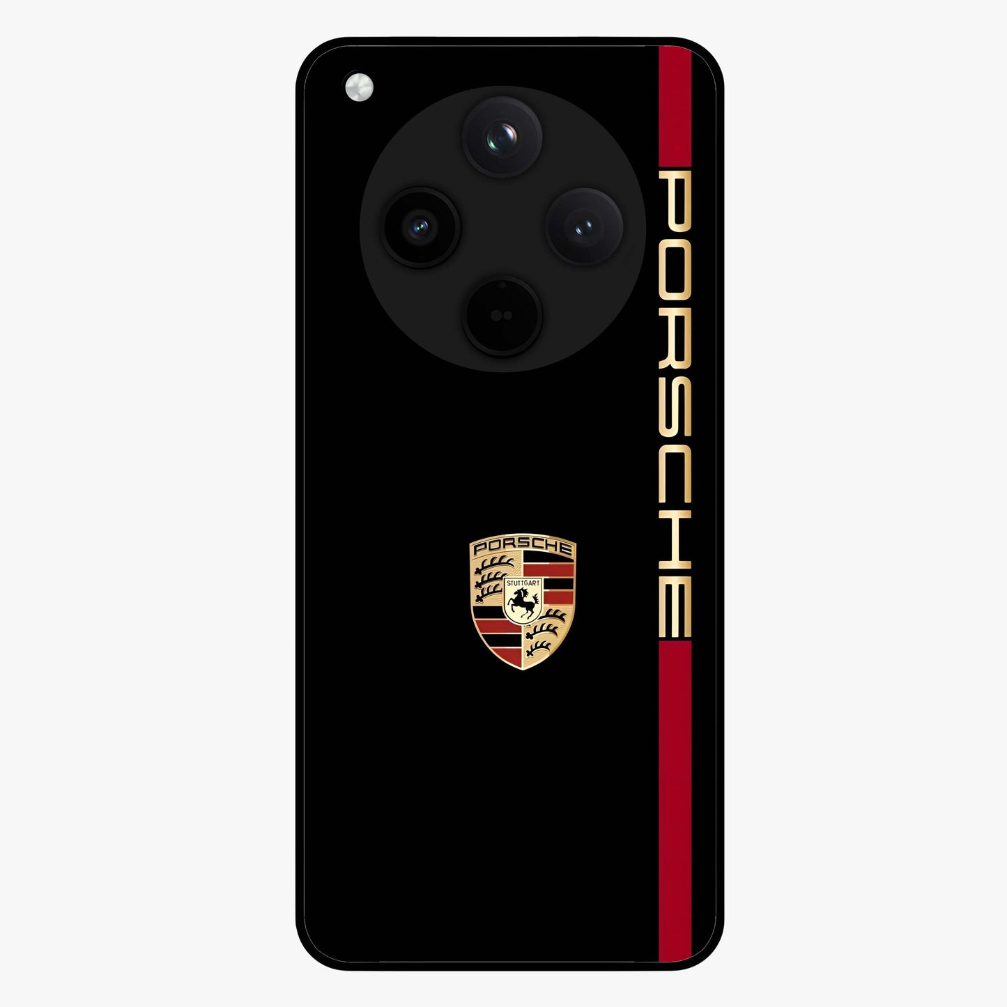 Black Minimal Porsche Glass Case showing flat back view with sleek minimal sports car artwork and glossy glass finish.