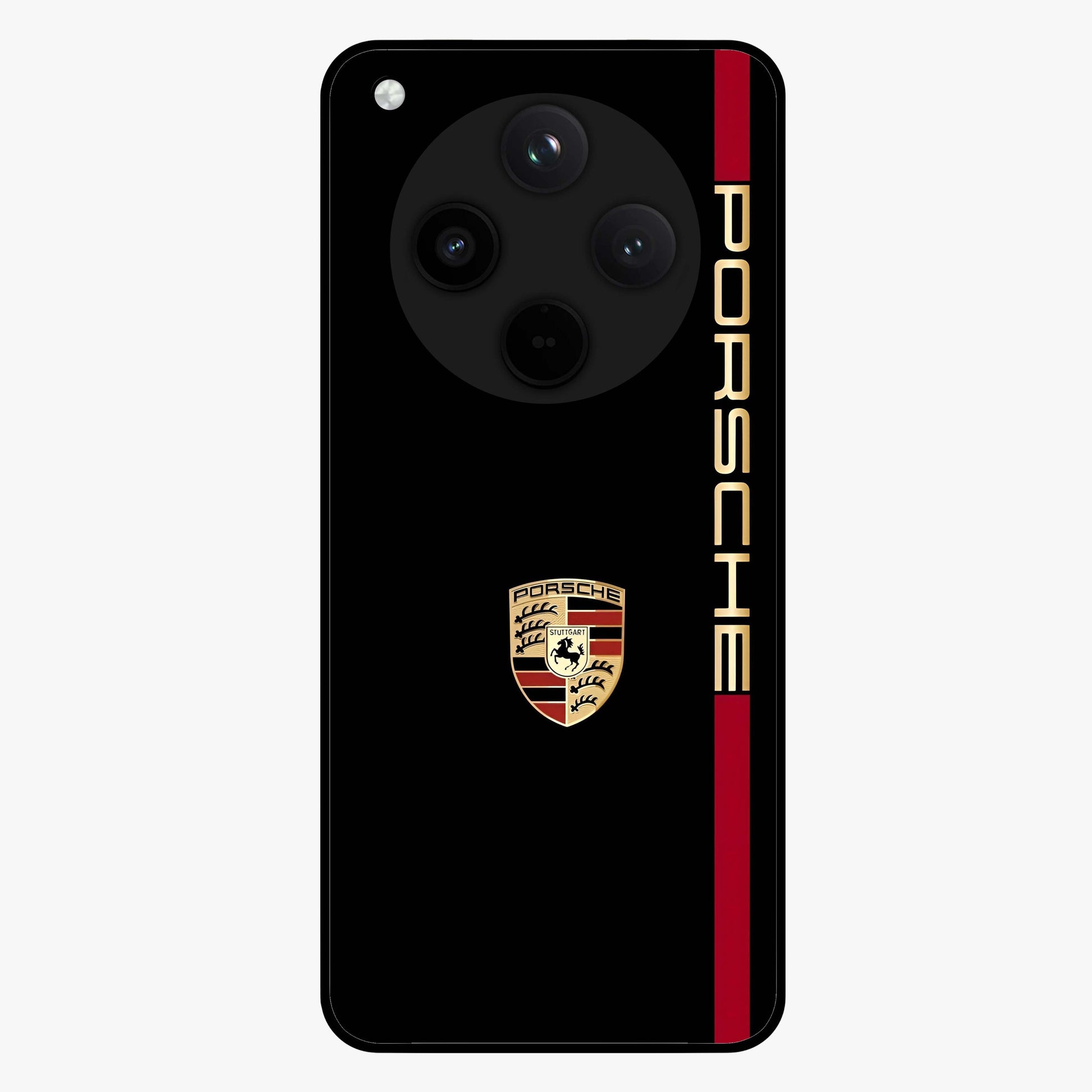 Black Minimal Porsche Glass Case showing flat back view with sleek minimal sports car artwork and glossy glass finish.