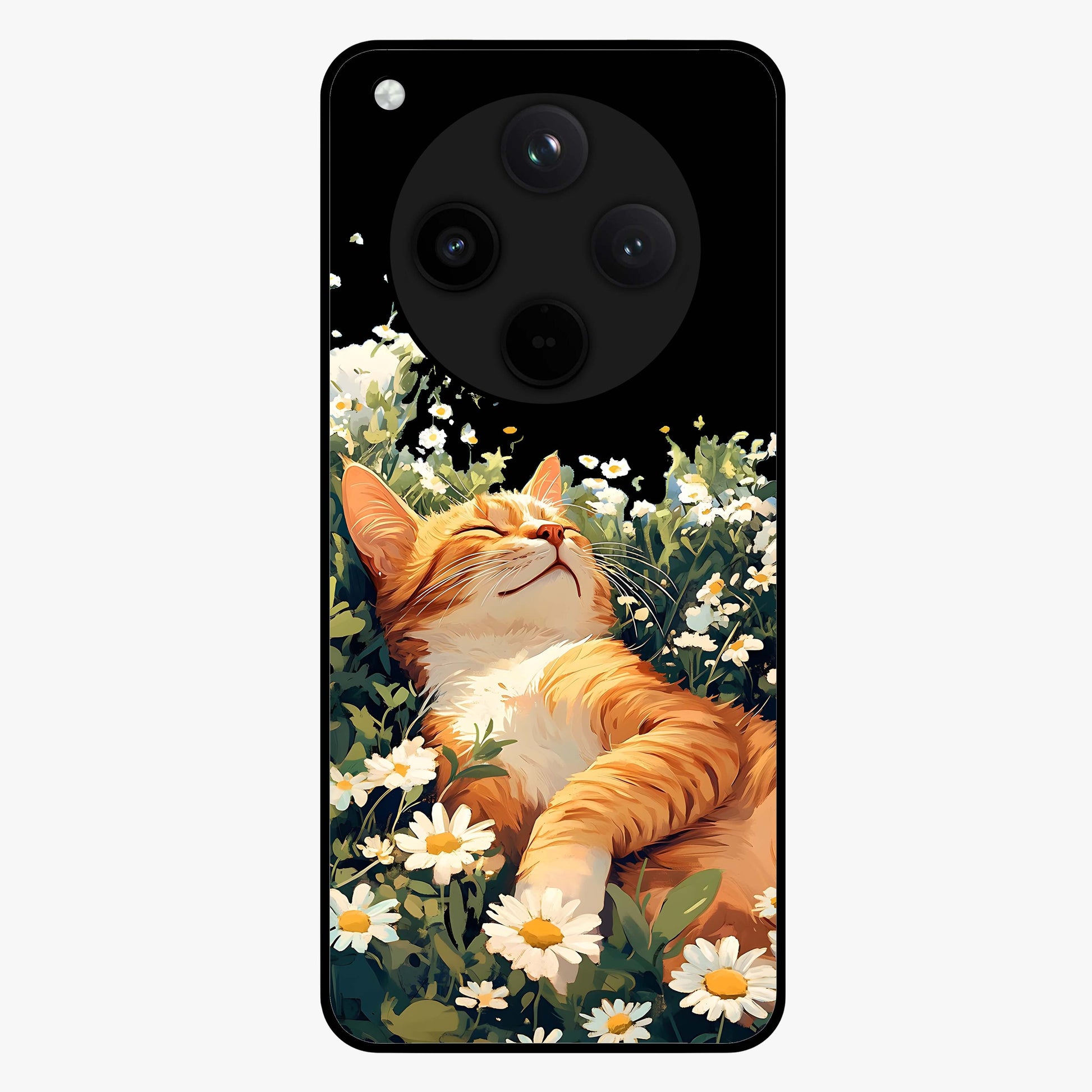 Blissful Bloom Cat Glass Case showing flat back view with cute cat and floral bloom artwork and glossy glass finish.