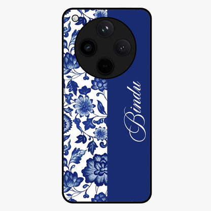 Blue Vintage Floral Pattern Glass Case upright view showcasing timeless floral illustration with vintage inspired style.