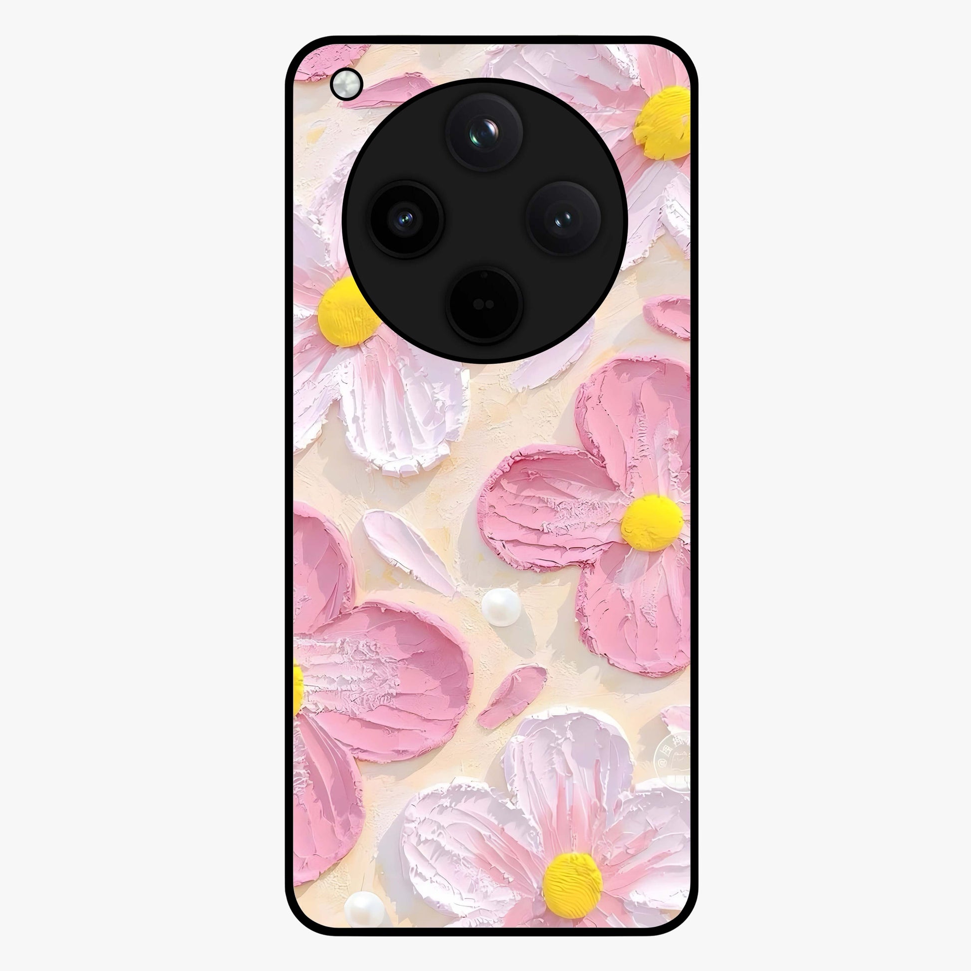 Blush Bloom Texture Glass Case showing flat back view with soft blush floral texture artwork and glossy glass finish.