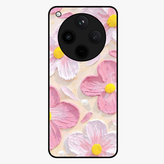 Blush Bloom Texture Glass Case showing flat back view with soft blush floral texture artwork and glossy glass finish.