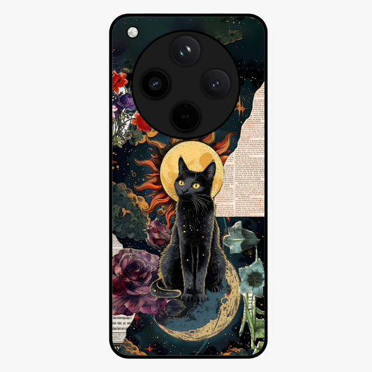 Celestial Black Cat Glass Case showing flat back view with mystical black cat artwork and glossy glass finish.