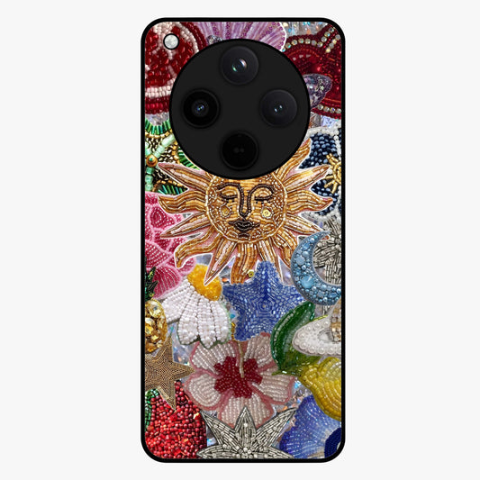 Celestial Floral and Playful Glass Case showing flat back view with floral and celestial themed artwork and glossy glass finish.