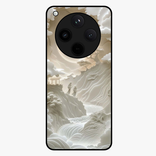 Celestial Origami Glass Case showing flat back view with artistic origami inspired celestial artwork and glossy glass finish.
