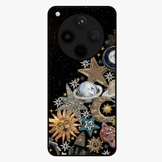 Cosmic Sparkle Dreams Glass Case showing flat back view with sparkling cosmic artwork and glossy glass finish.