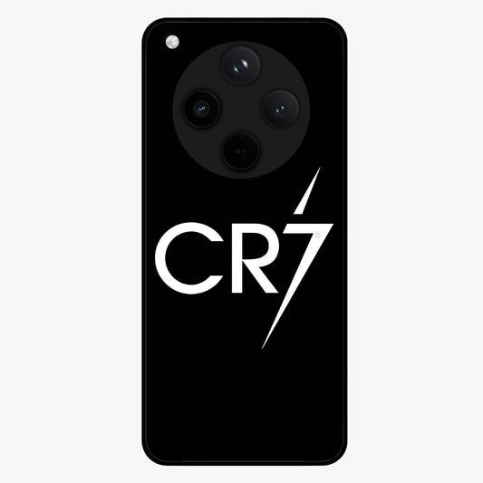 Cr7 Elite Strike Glass Case showing flat back view with dynamic football inspired artwork and glossy glass finish.