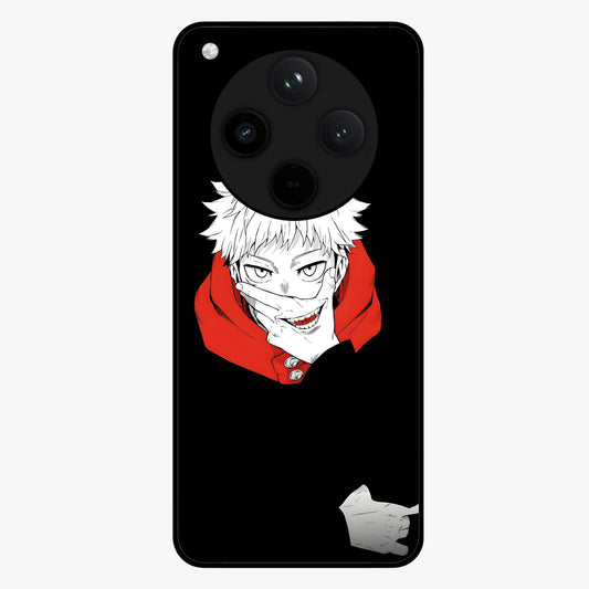 Crimson Chaos Smile Glass Case showing flat back view with bold chaotic smile artwork and glossy glass finish.