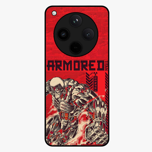 Crimson Mecha Titan Glass Case showing flat back view with powerful mech titan artwork and glossy glass finish.