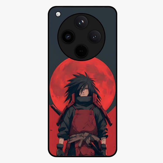 Crimson Moon Warlord Glass Case showing flat back view with mystical moon warrior artwork and glossy glass finish.