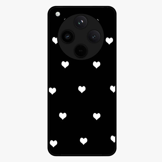 Cute And Simple White Hearts Glass Case showing flat back view with minimal white heart pattern and glossy glass finish.
