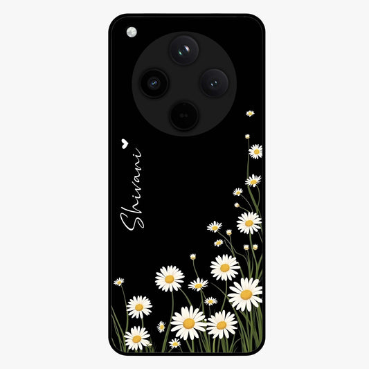 Daisy Cascade Custom Name Glass Case showing flat back view with cascading daisy flowers and personalized name design.