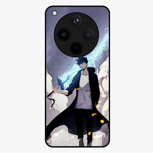 Dark Lightning Anime Warrior Glass Case showing flat back view with intense anime warrior artwork and glossy glass finish.