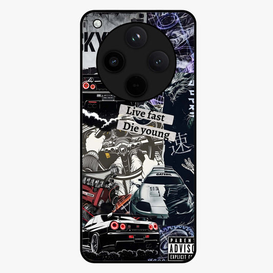 Die Young Glass Case showing flat back view with bold artistic typography design and glossy glass finish.