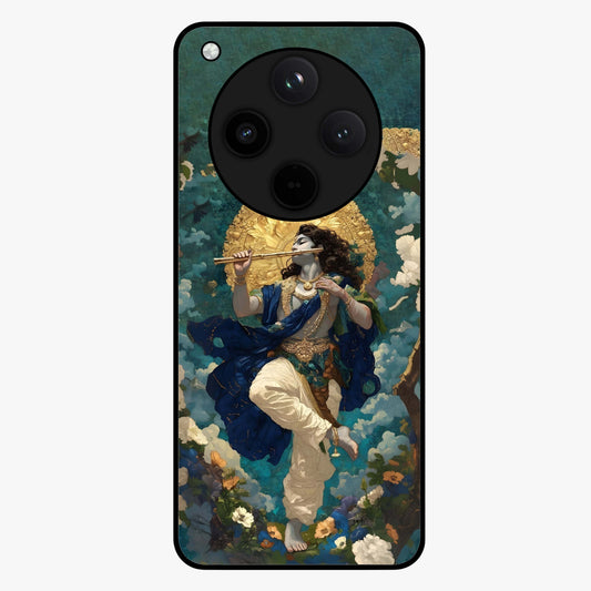 Divine Krishna Art Glass Case showing flat back view with Lord Krishna artwork and glossy glass finish.