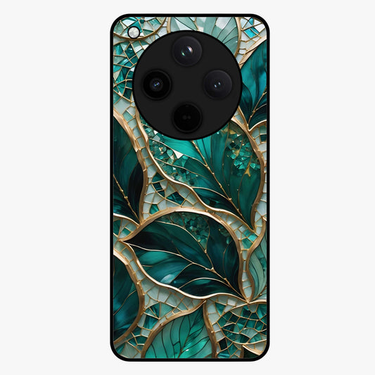 Emerald Leaf Glass Glass Case showing flat back view with emerald green leaf artwork and glossy glass finish.