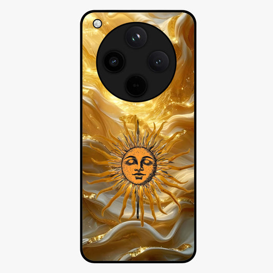 Eternal Golden Glow Glass Case showing flat back view with radiant golden themed artwork and glossy glass finish.