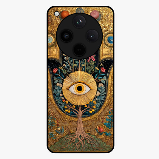 Ethereal Evil Eye Glass Case showing flat back view with mystical evil eye artwork and glossy glass finish.