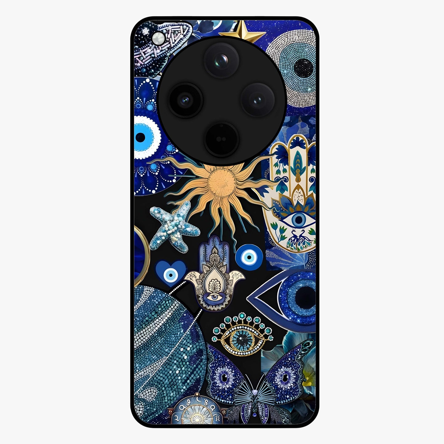 Evil Eye Charm Mix Glass Case showing flat back view with multiple evil eye charms artwork and glossy glass finish.
