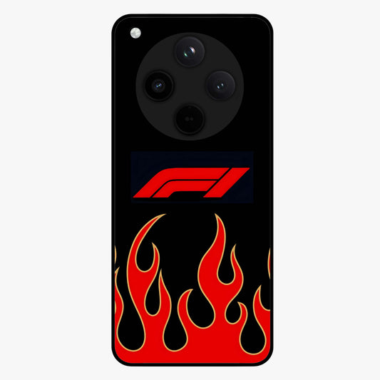 Fire F11 Glass Case showing flat back view with fiery themed artwork and glossy glass finish.