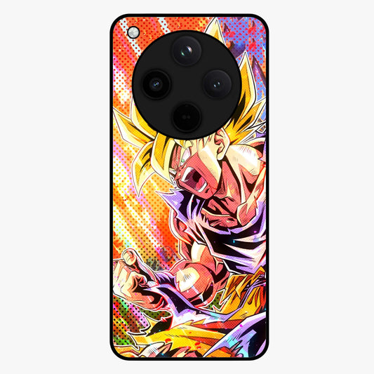Firing Goku Glass Case showing flat back view with powerful anime inspired artwork and glossy glass finish.