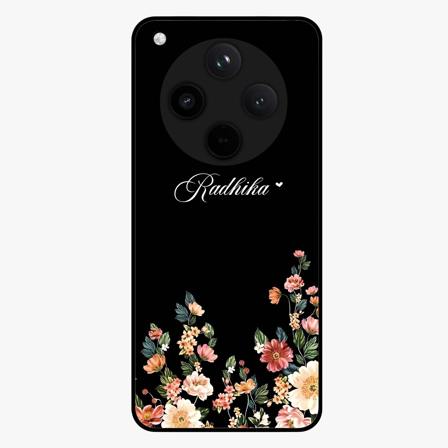 Floral Design With a Custom Personalized Name Glass Case showing flat back view with floral artwork and personalized name design.
