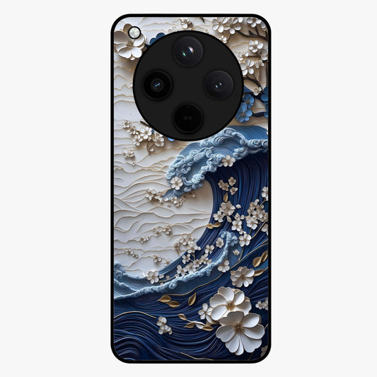 Floral Wave Origami Glass Case showing flat back view with origami inspired floral wave artwork and glossy glass finish.