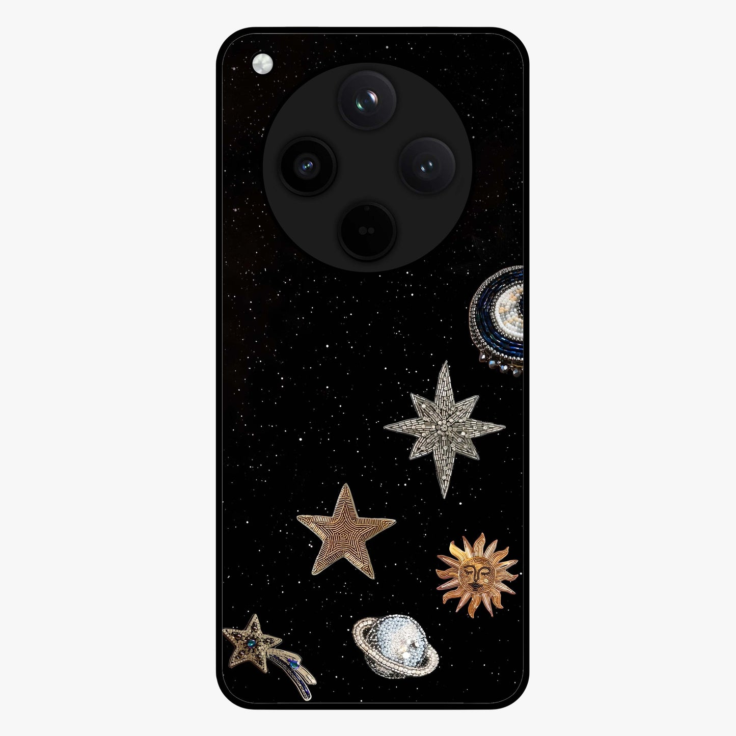 Galactic Charm Glow Glass Case showing flat back view with glowing celestial charm artwork and glossy glass finish.