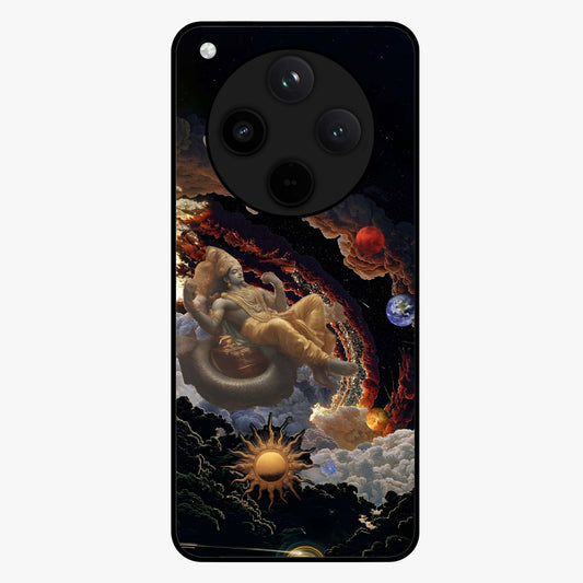 Galactic Divine God Glass Case showing flat back view with divine cosmic themed artwork and glossy glass finish.