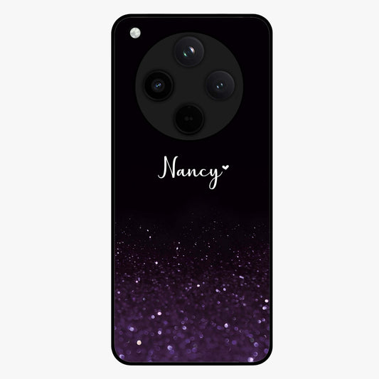 Glittery Purple Bokeh Custom Name Glass Case showing flat back view with purple bokeh sparkle artwork and personalized name design.