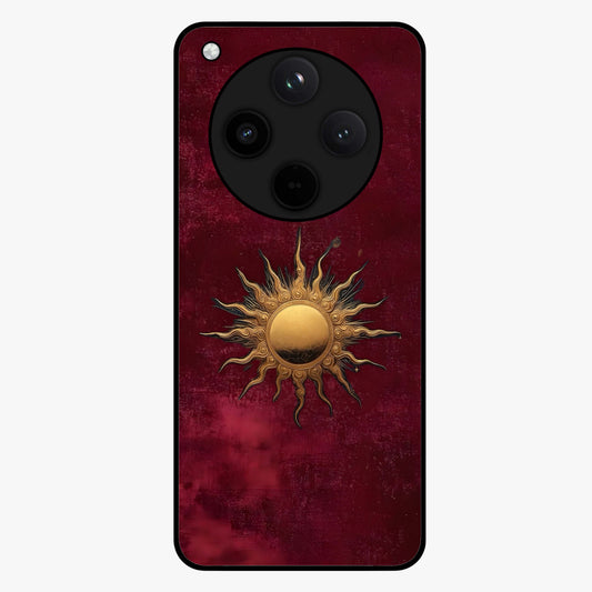 Gold Sun Blush Glass Case showing flat back view with golden sun inspired artwork and glossy glass finish.