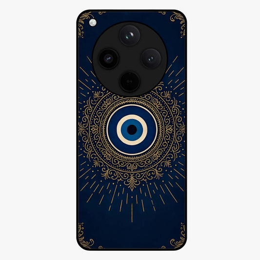 Golden Evil Eye Mandala Glass Case showing flat back view with intricate evil eye mandala artwork and glossy glass finish.