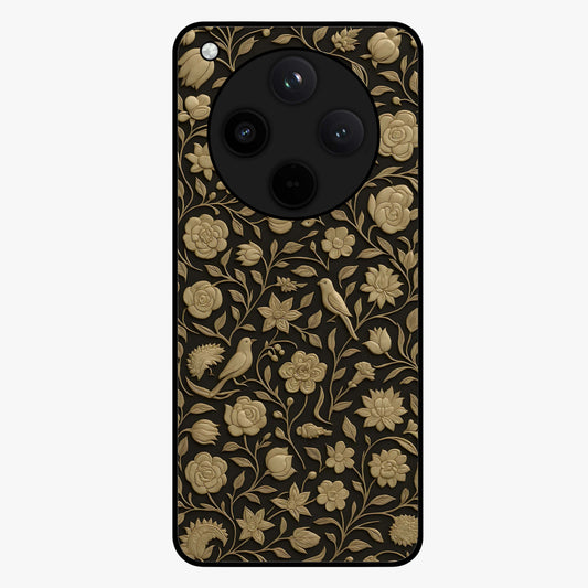 Golden Floral Majesty Glass Case showing flat back view with luxurious golden floral artwork and glossy glass finish.