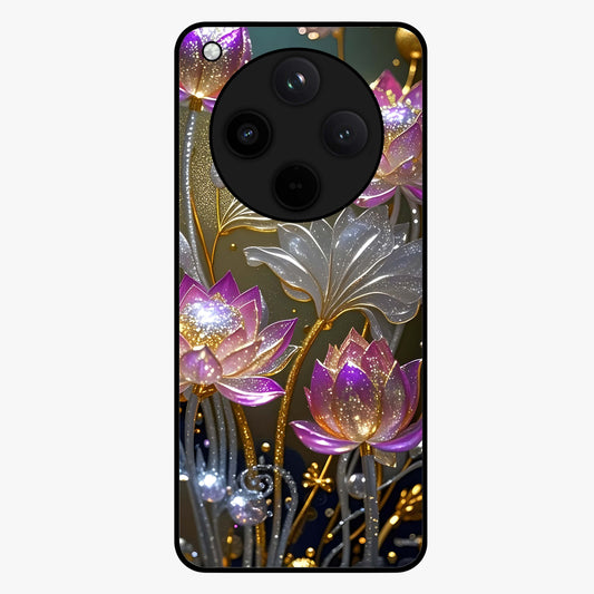 Golden Lotus Glow Glass Case showing flat back view with glowing lotus flower artwork and glossy glass finish.