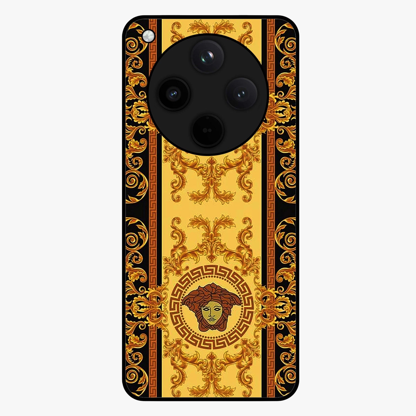 Golden Royal Heritage Glass Case showing flat back view with ornate royal pattern artwork and glossy glass finish.