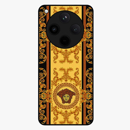 Golden Royal Heritage Glass Case showing flat back view with ornate royal pattern artwork and glossy glass finish.