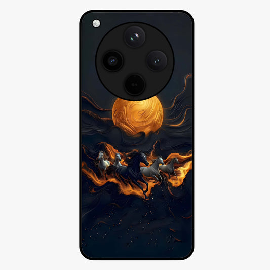 Golden Stallion Moonride Glass Case showing flat back view with majestic horse under moonlight artwork and glossy glass finish.