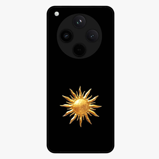 Golden Sun Minimalism Glass Case showing flat back view with minimal golden sun artwork and glossy glass finish.