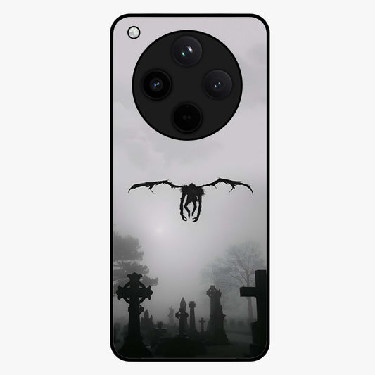 Graveyard Shadow Descent Glass Case showing flat back view with dark graveyard themed artwork and glossy glass finish.