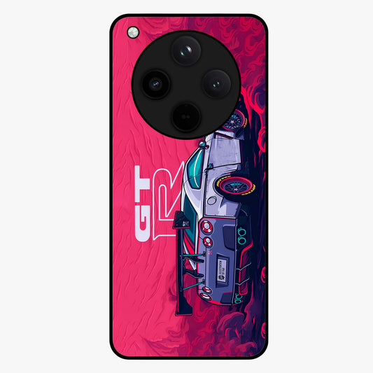 GT-R Car Pattern Glass Case showing flat back view with sporty car inspired pattern artwork and glossy glass finish.