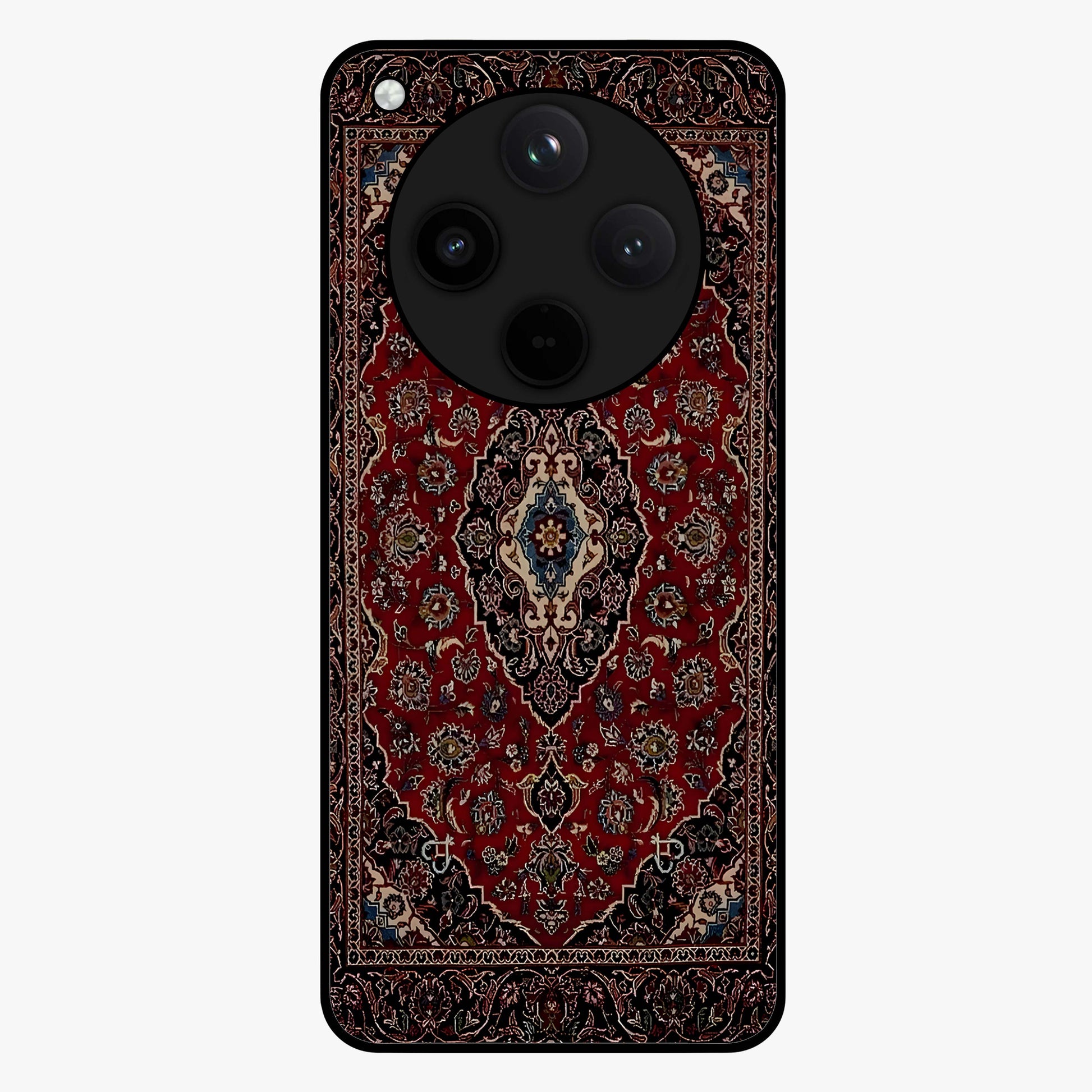 Heritage Carpet Royale Glass Case showing flat back view with ornate Persian carpet inspired pattern and glossy glass finish.