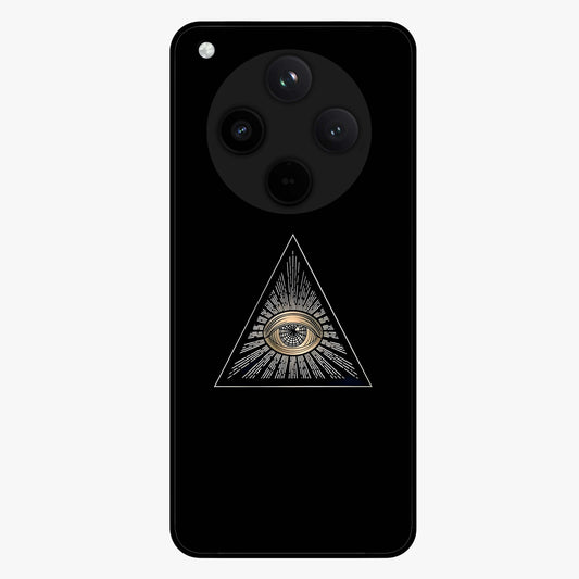 Illuminati Evil Glass Case showing flat back view with mysterious illuminati symbol artwork and glossy glass finish.