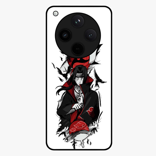 Itachi Sharingan Glass Case showing flat back view with powerful anime eye artwork and glossy glass finish.